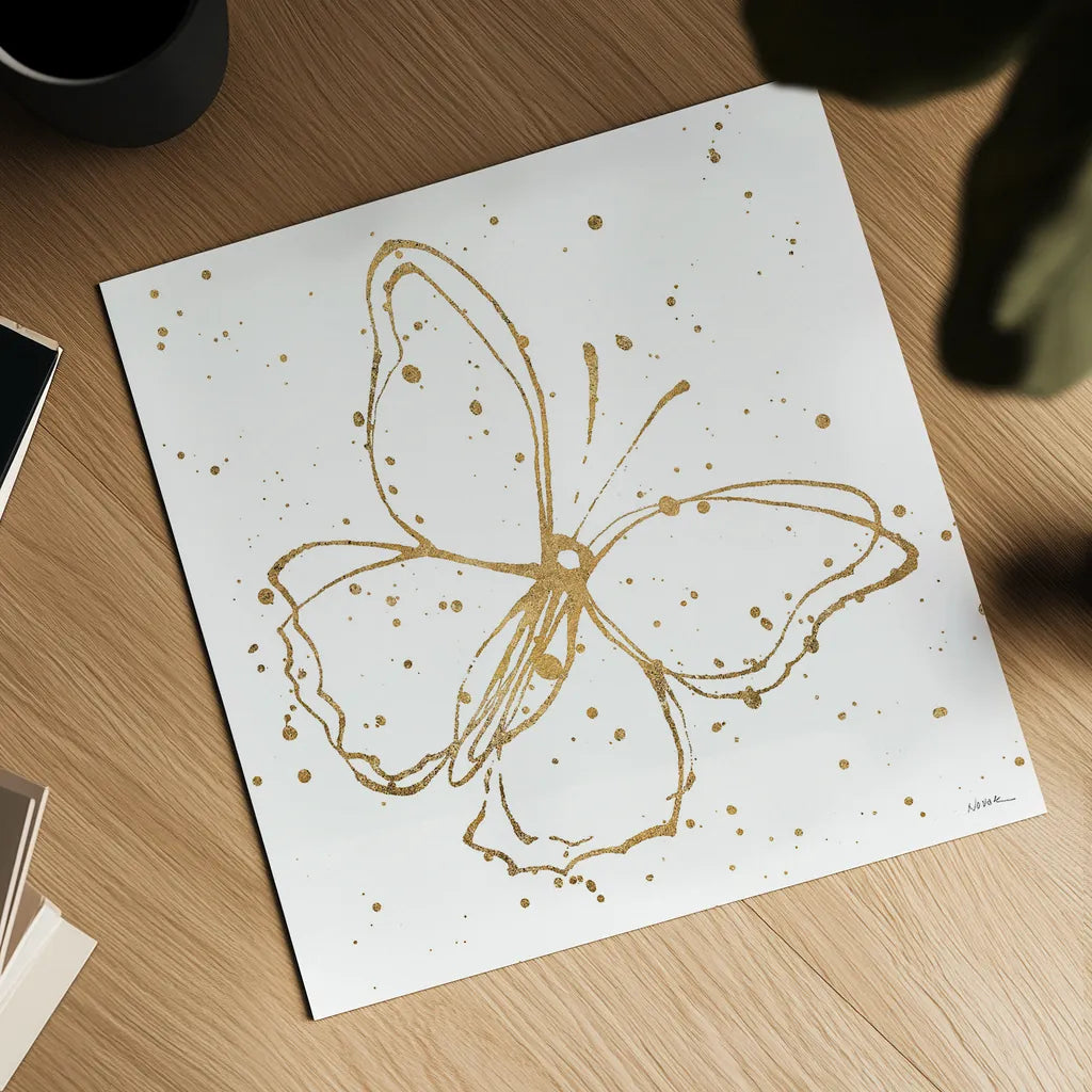 Golden Wings I by Shirley Novak. Shown as a detailed flat fine art print, highlighting archival giclee quality. Available as an archival giclee rolled canvas, fine art paper, or poster print. SKU 29790a.