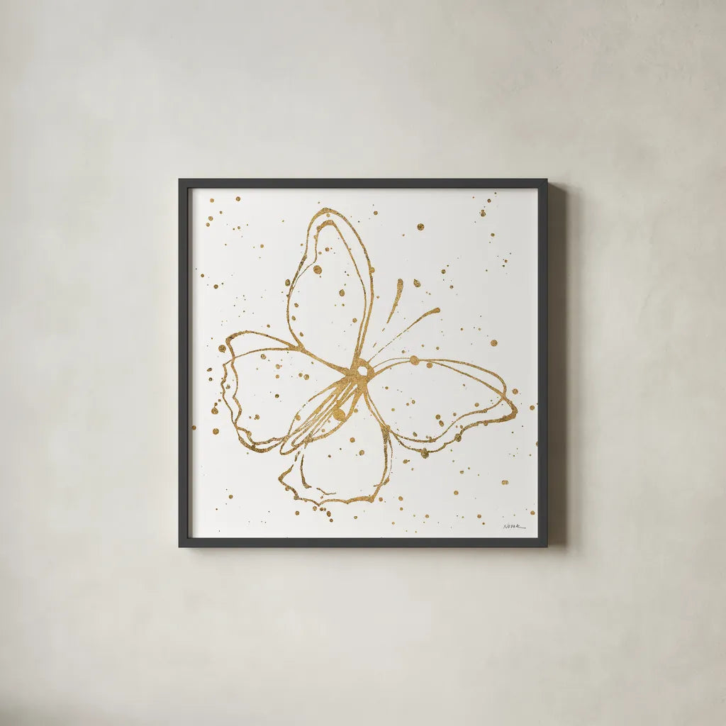Golden Wings I by Shirley Novak. Shown in a sleek black glass frame for a contemporary gallery look. Available as an archival giclee rolled canvas, fine art paper, or poster print. SKU 29790a.
