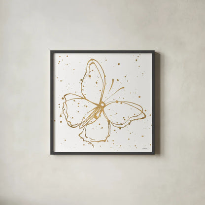 Golden Wings I by Shirley Novak. Shown in a sleek black glass frame for a contemporary gallery look. Available as an archival giclee rolled canvas, fine art paper, or poster print. SKU 29790a.