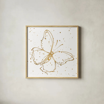 Golden Wings I by Shirley Novak. Shown in a natural wood glass frame for a timeless modern aesthetic. Available as an archival giclee rolled canvas, fine art paper, or poster print. SKU 29790a.