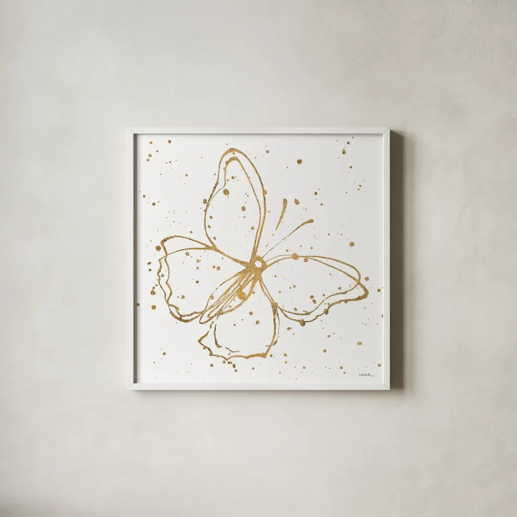 Golden Wings I by Shirley Novak. Shown in a crisp white glass frame for a clean and minimalist style. Available as an archival giclee rolled canvas, fine art paper, or poster print. SKU 29790a.
