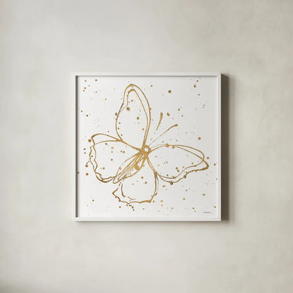 Golden Wings I by Shirley Novak. Shown in a crisp white glass frame for a clean and minimalist style. Available as an archival giclee rolled canvas, fine art paper, or poster print. SKU 29790a.