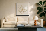 Golden Wings I by Shirley Novak. Displayed in a glass frame with matte in a clean modern living room. Available as an archival giclee rolled canvas, fine art paper, or poster print. SKU 29790a.