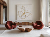 Golden Wings I by Shirley Novak. Shown as extra-large giant wall art in a modern living room. Available as an archival giclee rolled canvas, fine art paper, or poster print. SKU 29790a.