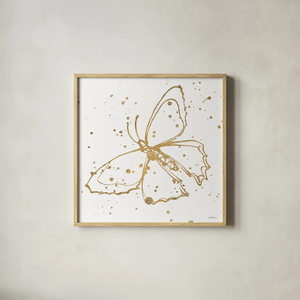 Golden Wings II by Shirley Novak. Shown in a natural wood glass frame for a timeless modern aesthetic. Available as an archival giclee rolled canvas, fine art paper, or poster print. SKU 29791a.