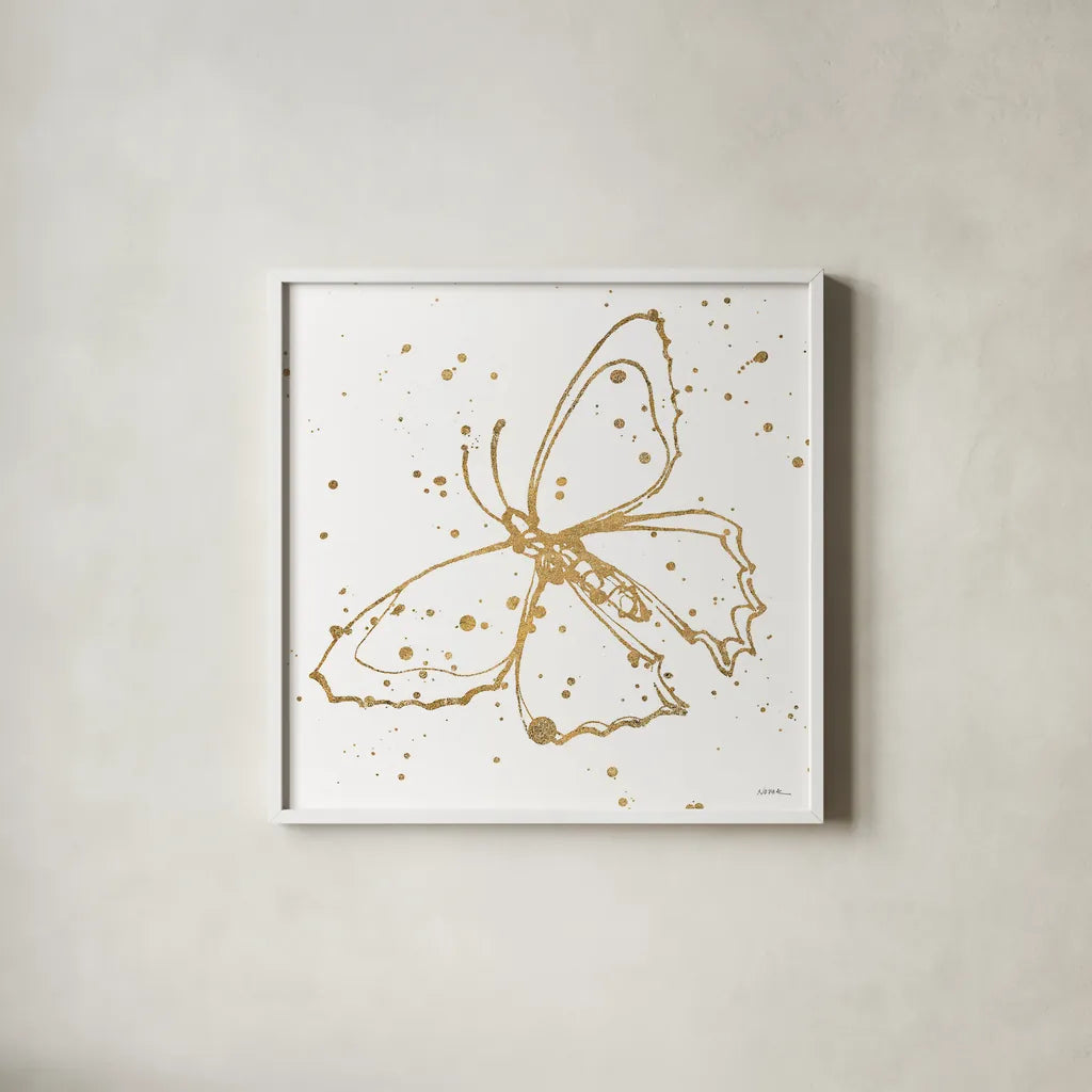 Golden Wings II by Shirley Novak. Shown in a crisp white glass frame for a clean and minimalist style. Available as an archival giclee rolled canvas, fine art paper, or poster print. SKU 29791a.