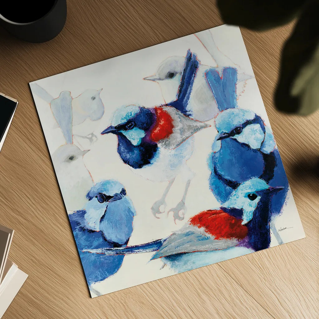 In the Layering of Wrens by Shirley Novak. Shown as a detailed flat fine art print, highlighting archival giclee quality. Available as an archival giclee rolled canvas, fine art paper, or poster print. SKU 89493a.