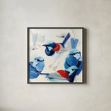 In the Layering of Wrens by Shirley Novak. Shown in a sleek black glass frame for a contemporary gallery look. Available as an archival giclee rolled canvas, fine art paper, or poster print. SKU 89493a.