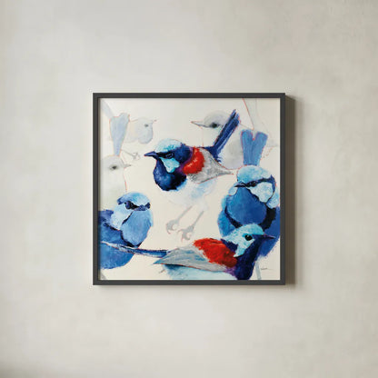 In the Layering of Wrens by Shirley Novak. Shown in a sleek black glass frame for a contemporary gallery look. Available as an archival giclee rolled canvas, fine art paper, or poster print. SKU 89493a.