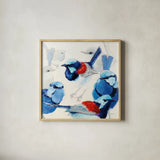 In the Layering of Wrens by Shirley Novak. Shown in a natural wood glass frame for a timeless modern aesthetic. Available as an archival giclee rolled canvas, fine art paper, or poster print. SKU 89493a.