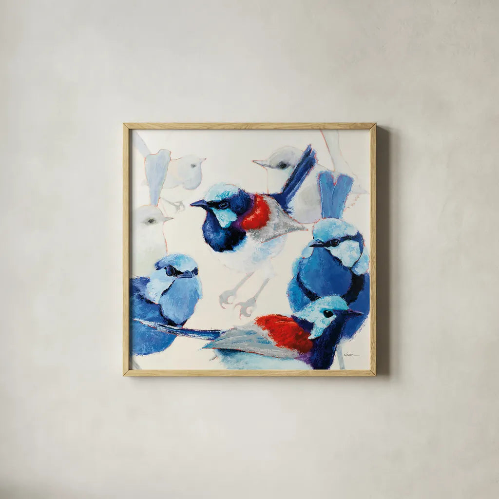 In the Layering of Wrens by Shirley Novak. Shown in a natural wood glass frame for a timeless modern aesthetic. Available as an archival giclee rolled canvas, fine art paper, or poster print. SKU 89493a.