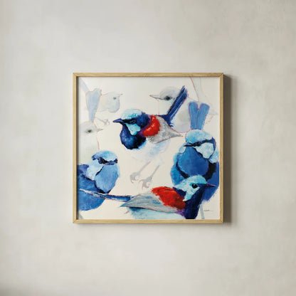 In the Layering of Wrens by Shirley Novak. Shown in a natural wood glass frame for a timeless modern aesthetic. Available as an archival giclee rolled canvas, fine art paper, or poster print. SKU 89493a.