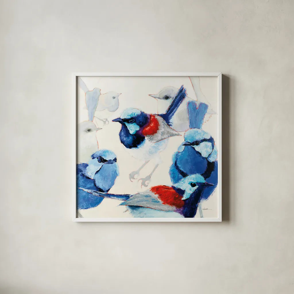 In the Layering of Wrens by Shirley Novak. Shown in a crisp white glass frame for a clean and minimalist style. Available as an archival giclee rolled canvas, fine art paper, or poster print. SKU 89493a.