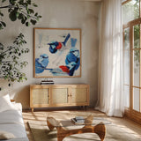 In the Layering of Wrens by Shirley Novak. Shown in a natural wood frame in a cozy modern living room. Available as an archival giclee rolled canvas, fine art paper, or poster print. SKU 89493a.