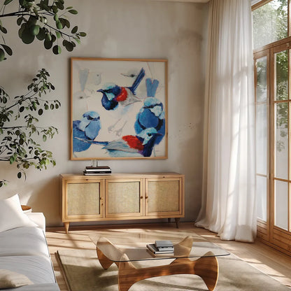 In the Layering of Wrens by Shirley Novak. Shown in a natural wood frame in a cozy modern living room. Available as an archival giclee rolled canvas, fine art paper, or poster print. SKU 89493a.