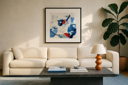 In the Layering of Wrens by Shirley Novak. Displayed in a glass frame with matte in a clean modern living room. Available as an archival giclee rolled canvas, fine art paper, or poster print. SKU 89493a.