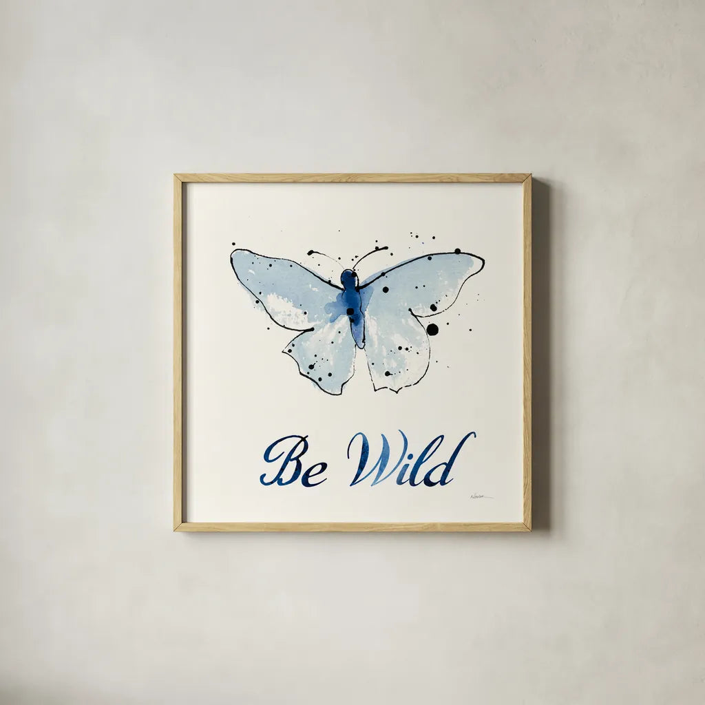 Independent Blooms Blue IX by Shirley Novak. Shown in a natural wood glass frame for a timeless modern aesthetic. Available as an archival giclee rolled canvas, fine art paper, or poster print. SKU 34123a.