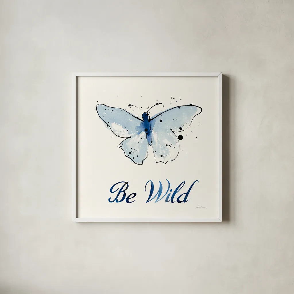 Independent Blooms Blue IX by Shirley Novak. Shown in a crisp white glass frame for a clean and minimalist style. Available as an archival giclee rolled canvas, fine art paper, or poster print. SKU 34123a.