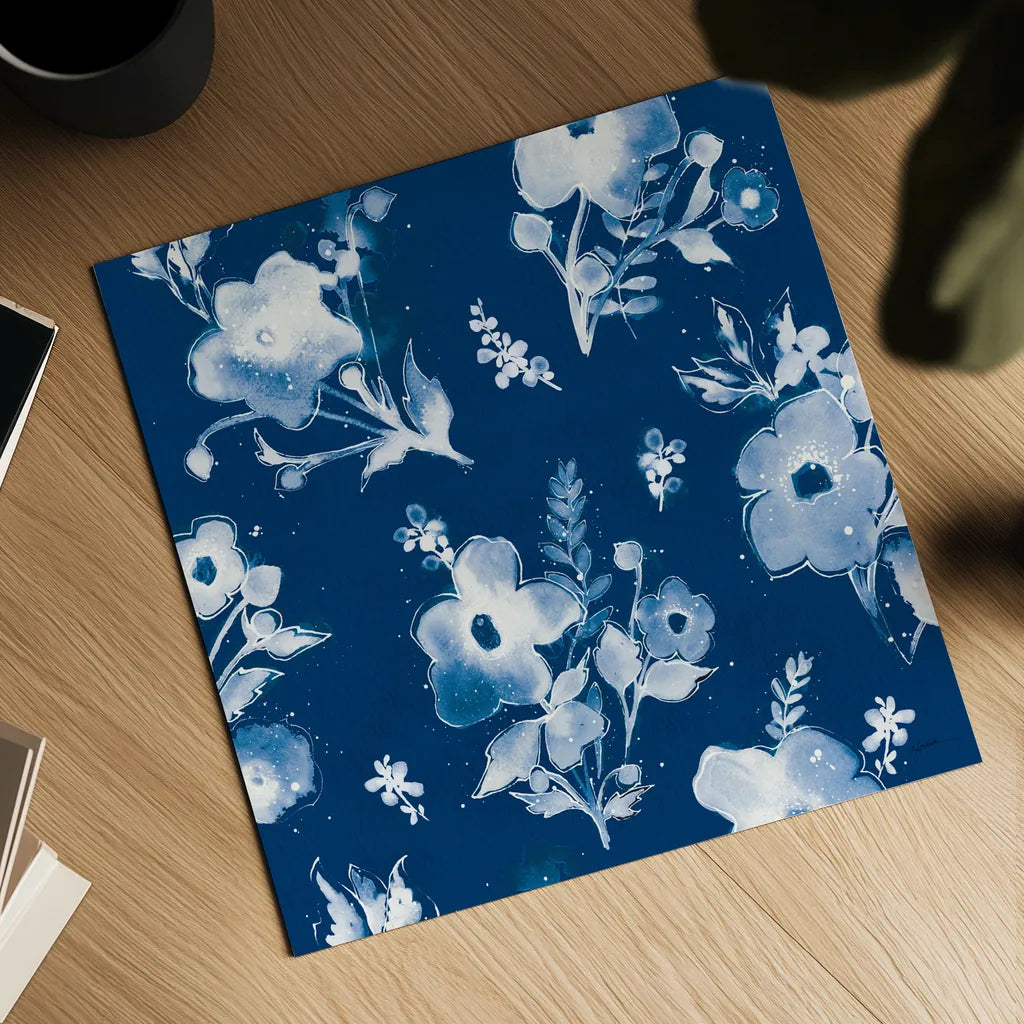 Independent Blooms Blue Pattern IB by Shirley Novak. Shown as a detailed flat fine art print, highlighting archival giclee quality. Available as an archival giclee rolled canvas, fine art paper, or poster print. SKU 42943a.