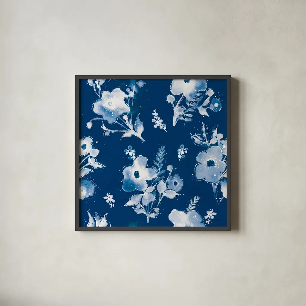Independent Blooms Blue Pattern IB by Shirley Novak. Shown in a sleek black glass frame for a contemporary gallery look. Available as an archival giclee rolled canvas, fine art paper, or poster print. SKU 42943a.