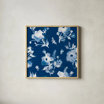 Independent Blooms Blue Pattern IB by Shirley Novak. Shown in a natural wood glass frame for a timeless modern aesthetic. Available as an archival giclee rolled canvas, fine art paper, or poster print. SKU 42943a.