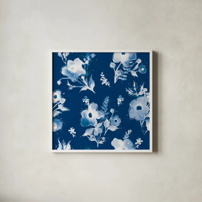 Independent Blooms Blue Pattern IB by Shirley Novak. Shown in a crisp white glass frame for a clean and minimalist style. Available as an archival giclee rolled canvas, fine art paper, or poster print. SKU 42943a.