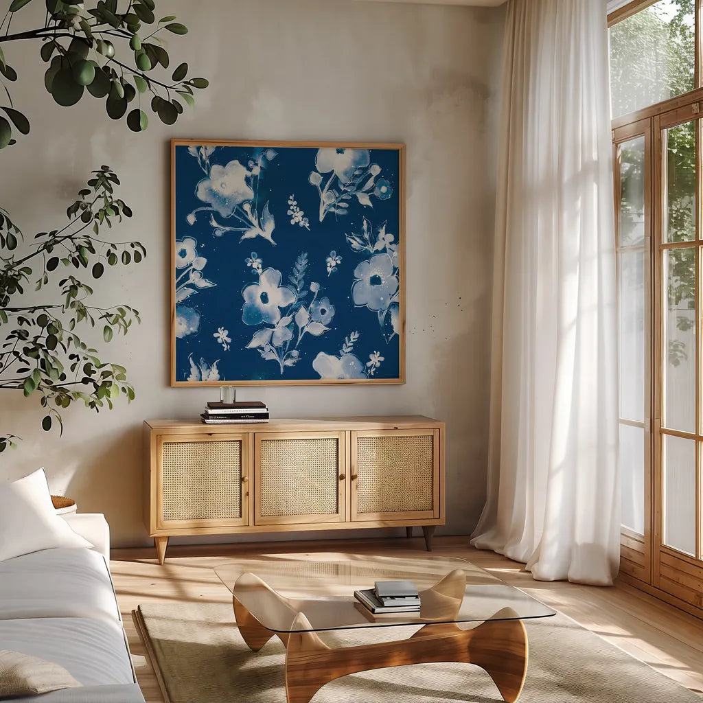 Independent Blooms Blue Pattern IB by Shirley Novak. Shown in a natural wood frame in a cozy modern living room. Available as an archival giclee rolled canvas, fine art paper, or poster print. SKU 42943a.