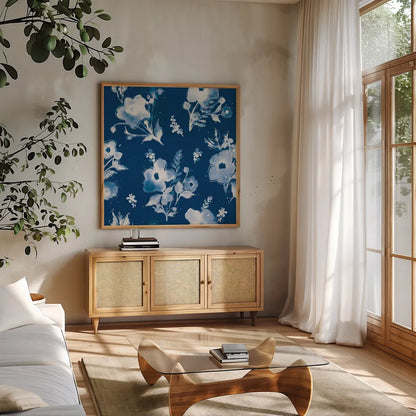Independent Blooms Blue Pattern IB by Shirley Novak. Shown in a natural wood frame in a cozy modern living room. Available as an archival giclee rolled canvas, fine art paper, or poster print. SKU 42943a.