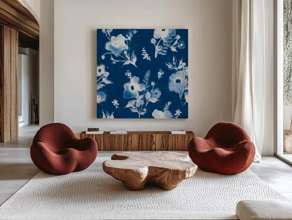 Independent Blooms Blue Pattern IB by Shirley Novak. Shown as extra-large giant wall art in a modern living room. Available as an archival giclee rolled canvas, fine art paper, or poster print. SKU 42943a.
