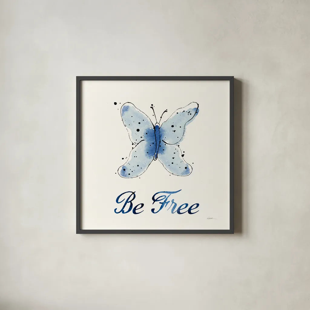 Independent Blooms Blue VII by Shirley Novak. Shown in a sleek black glass frame for a contemporary gallery look. Available as an archival giclee rolled canvas, fine art paper, or poster print. SKU 34121a.