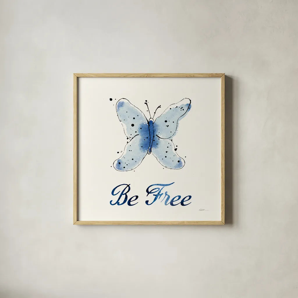 Independent Blooms Blue VII by Shirley Novak. Shown in a natural wood glass frame for a timeless modern aesthetic. Available as an archival giclee rolled canvas, fine art paper, or poster print. SKU 34121a.