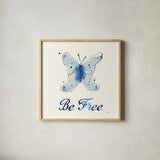 Independent Blooms Blue VII by Shirley Novak. Shown in a natural wood glass frame for a timeless modern aesthetic. Available as an archival giclee rolled canvas, fine art paper, or poster print. SKU 34121a.
