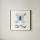 Independent Blooms Blue VII by Shirley Novak. Shown in a crisp white glass frame for a clean and minimalist style. Available as an archival giclee rolled canvas, fine art paper, or poster print. SKU 34121a.