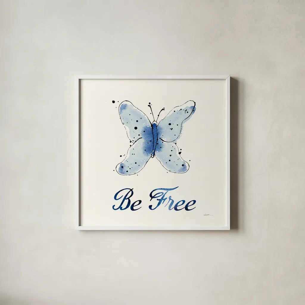 Independent Blooms Blue VII by Shirley Novak. Shown in a crisp white glass frame for a clean and minimalist style. Available as an archival giclee rolled canvas, fine art paper, or poster print. SKU 34121a.