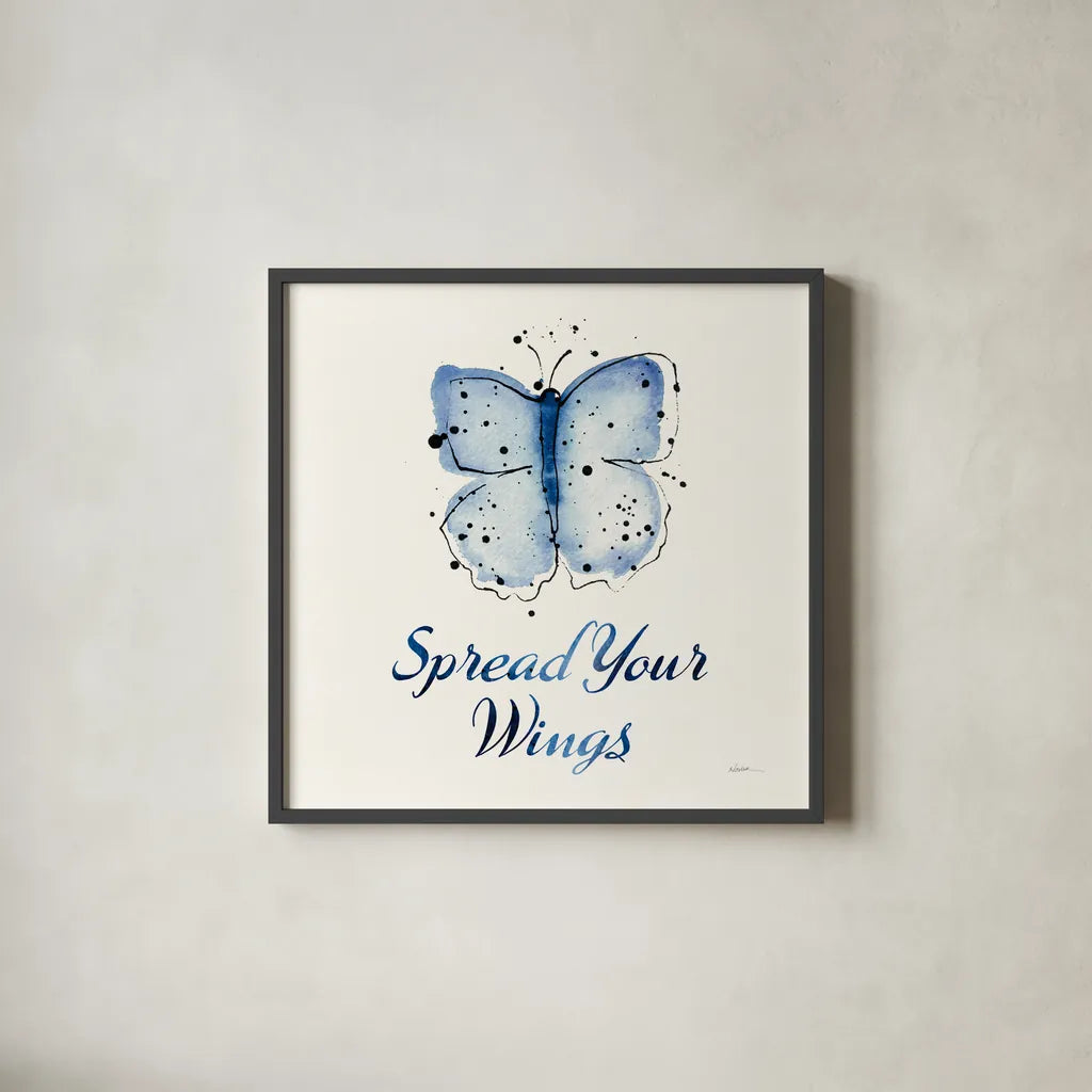 Independent Blooms Blue VIII by Shirley Novak. Shown in a sleek black glass frame for a contemporary gallery look. Available as an archival giclee rolled canvas, fine art paper, or poster print. SKU 34122a.