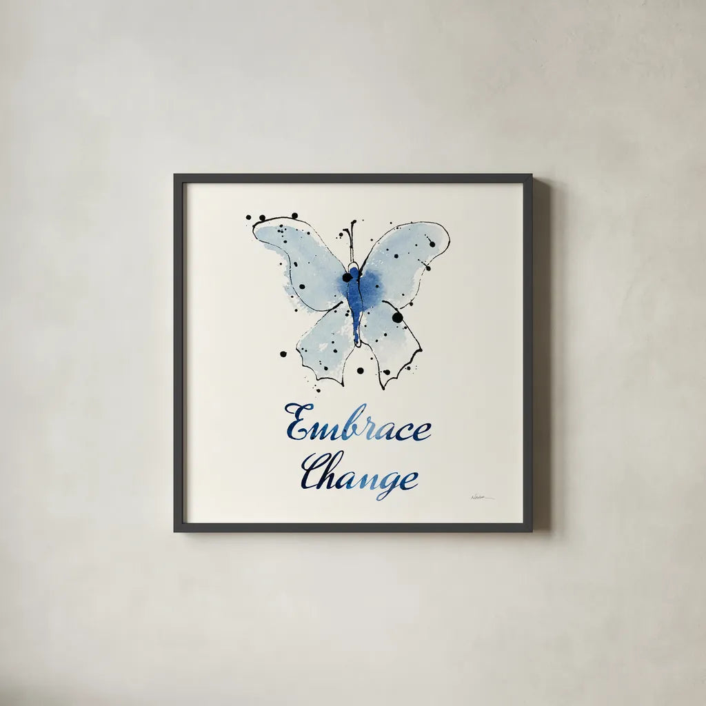 Independent Blooms Blue X by Shirley Novak. Shown in a sleek black glass frame for a contemporary gallery look. Available as an archival giclee rolled canvas, fine art paper, or poster print. SKU 34124a.