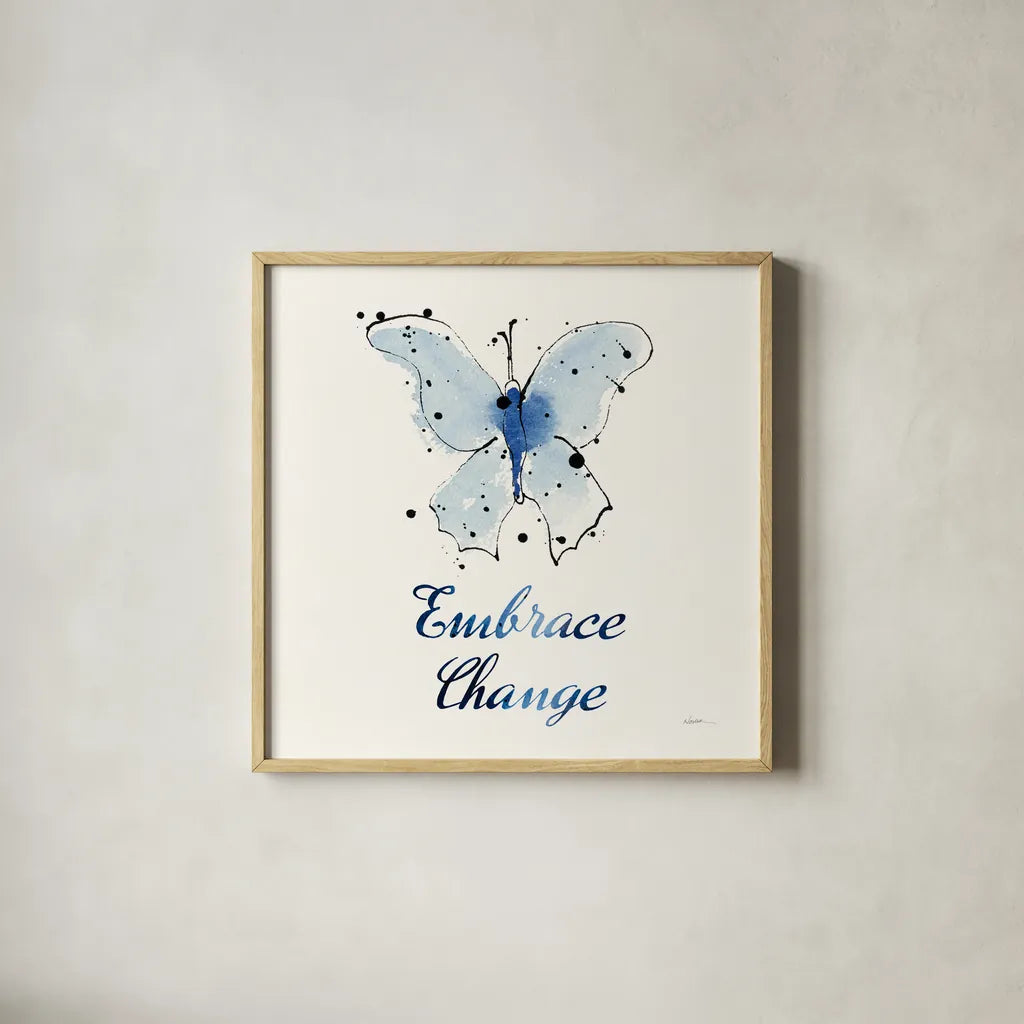 Independent Blooms Blue X by Shirley Novak. Shown in a natural wood glass frame for a timeless modern aesthetic. Available as an archival giclee rolled canvas, fine art paper, or poster print. SKU 34124a.