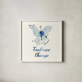 Independent Blooms Blue X by Shirley Novak. Shown in a crisp white glass frame for a clean and minimalist style. Available as an archival giclee rolled canvas, fine art paper, or poster print. SKU 34124a.