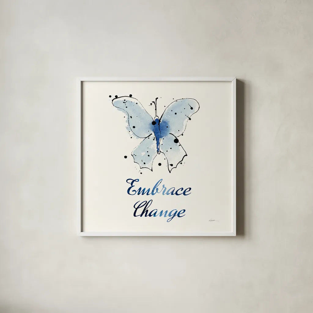 Independent Blooms Blue X by Shirley Novak. Shown in a crisp white glass frame for a clean and minimalist style. Available as an archival giclee rolled canvas, fine art paper, or poster print. SKU 34124a.