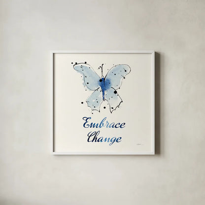 Independent Blooms Blue X by Shirley Novak. Shown in a crisp white glass frame for a clean and minimalist style. Available as an archival giclee rolled canvas, fine art paper, or poster print. SKU 34124a.