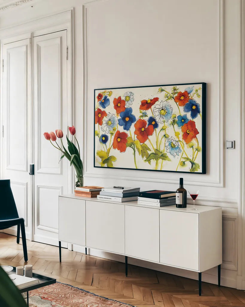 Independent Blooms I by Shirley Novak. shown as a framed stretched canvas in a living room above a console. Available as a archival giclee rolled canvas, fine art paper, or poster print. SKU 29142i.