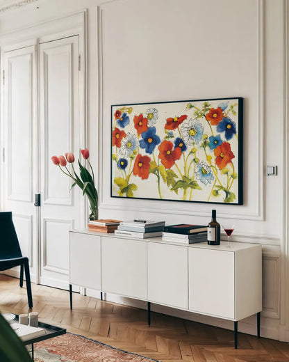 Independent Blooms I by Shirley Novak. shown as a framed stretched canvas in a living room above a console. Available as a archival giclee rolled canvas, fine art paper, or poster print. SKU 29142i.
