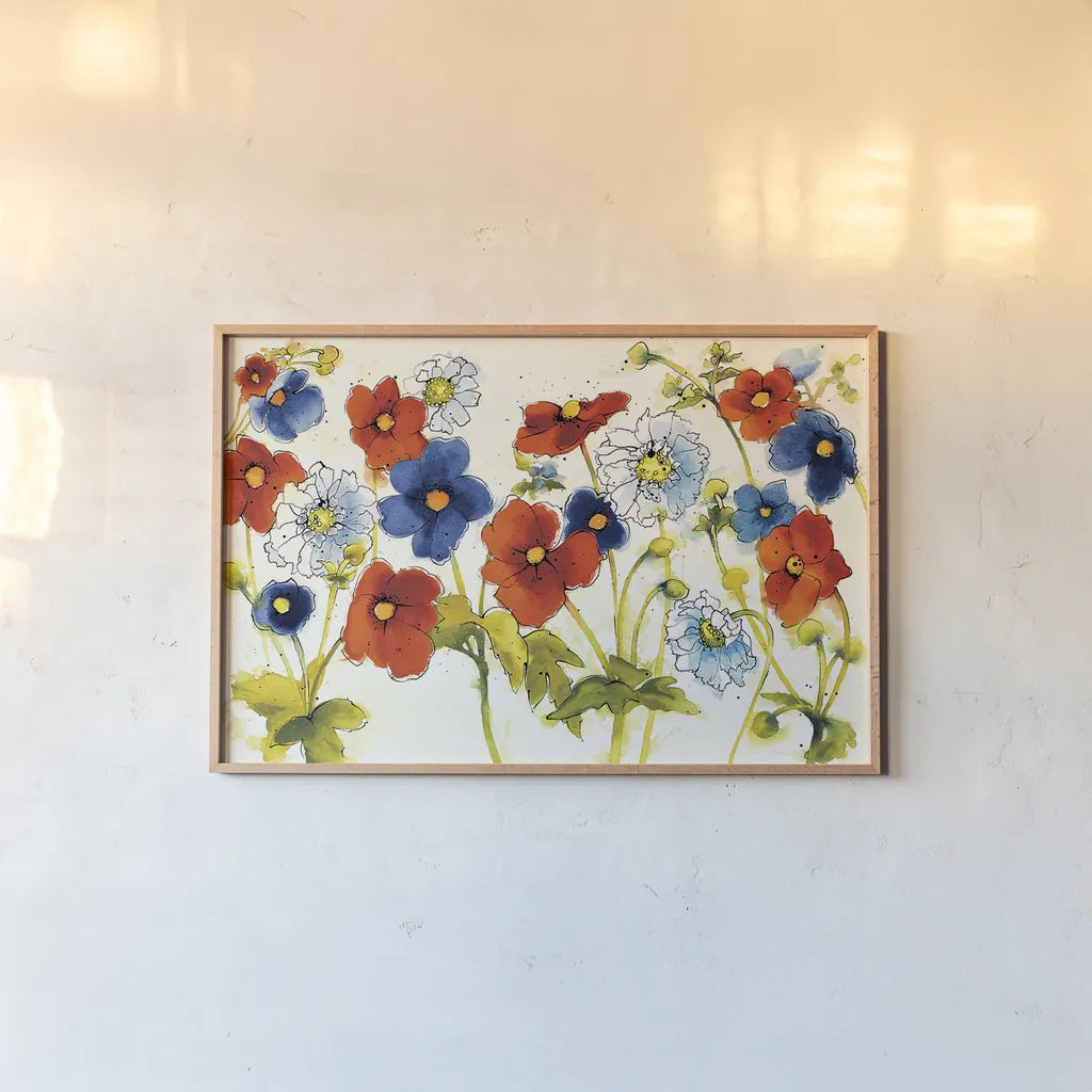Independent Blooms I by Shirley Novak. shown as a paper print in a natural frame. Available as a archival giclee rolled canvas, fine art paper, or poster print. SKU 29142i.