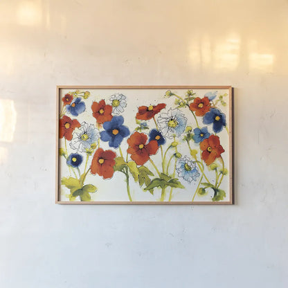 Independent Blooms I by Shirley Novak. shown as a paper print in a natural frame. Available as a archival giclee rolled canvas, fine art paper, or poster print. SKU 29142i.