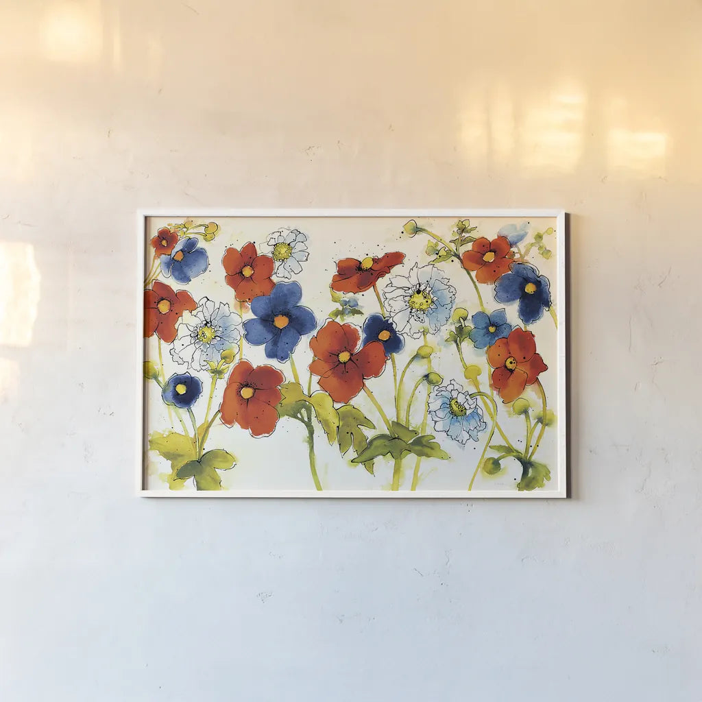 Independent Blooms I by Shirley Novak. shown as a paper print in a white frame. Available as a archival giclee rolled canvas, fine art paper, or poster print. SKU 29142i.