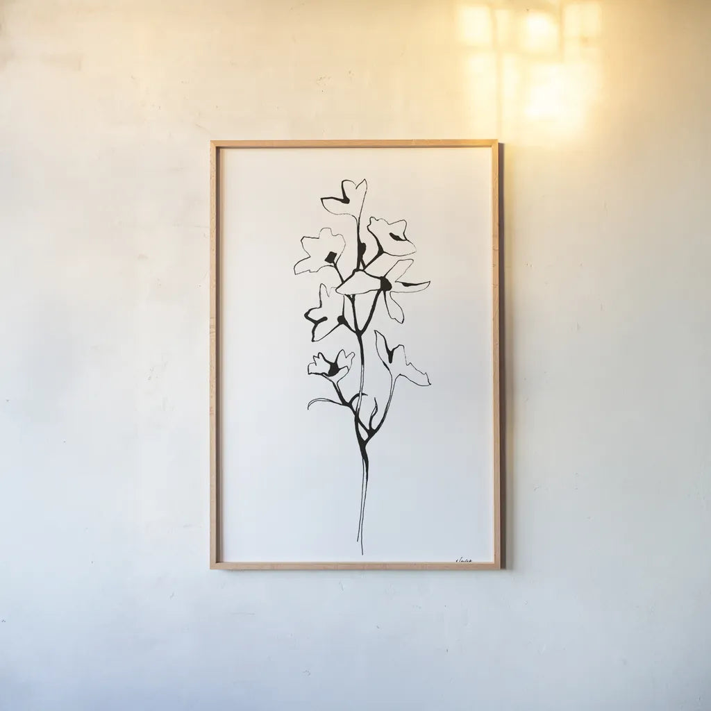 Ink Botanical by Shirley Novak. shown as a paper print in a natural frame. Available as a archival giclee rolled canvas, fine art paper, or poster print. SKU 96827h.
