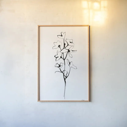 Ink Botanical by Shirley Novak. shown as a paper print in a natural frame. Available as a archival giclee rolled canvas, fine art paper, or poster print. SKU 96827h.