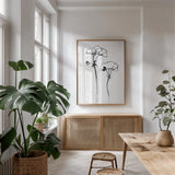Ink Flowers by Shirley Novak. shown as a print in a natural wood frame in a dining room. Available as a archival giclee rolled canvas, fine art paper, or poster print. SKU 96828h.