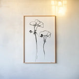 Ink Flowers by Shirley Novak. shown as a paper print in a natural frame. Available as a archival giclee rolled canvas, fine art paper, or poster print. SKU 96828h.