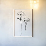 Ink Flowers by Shirley Novak. shown as a paper print in a white frame. Available as a archival giclee rolled canvas, fine art paper, or poster print. SKU 96828h.